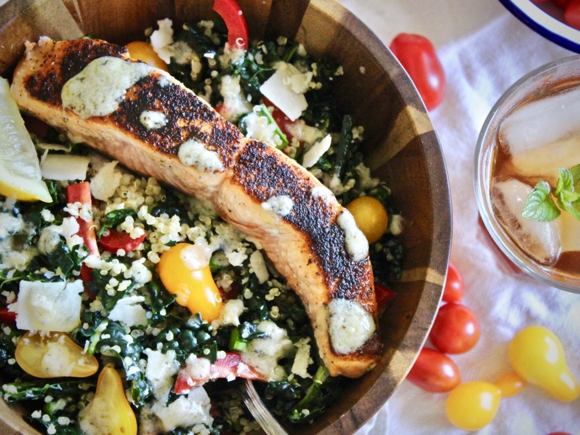 Kale Salad with Blackened Salmon and Homemade Caesar Dressing